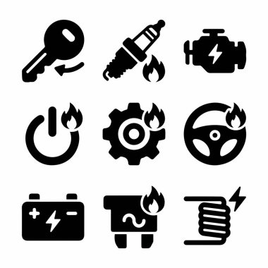Buji, pil, fünye ve bobin gibi araba ateşleme parçalarını temsil eden koyu siyah simgelerin yanı sıra motor çalıştırma, güç ve anahtar dönüş sembolleri..