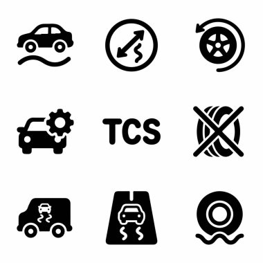 Çekiş kontrolü, ABS ve kaygan yollar, lastik basıncı ve araç servisi için uyarılar gibi araba güvenliği özelliklerini temsil eden dokuz siyah simge koleksiyonu..