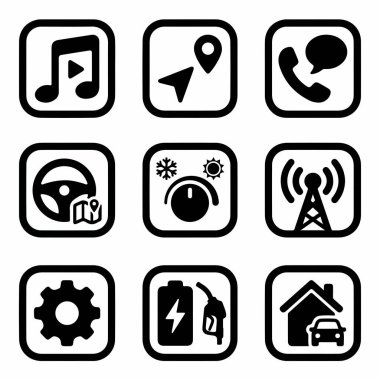 Müzik, GPS, telefon, direksiyon, iklim kontrolü, sinyal, ayarlar, yakıt ve ev ya da garaj gibi çeşitli araba fonksiyonlarını temsil eden dokuz adet siyah beyaz simge koleksiyonu..