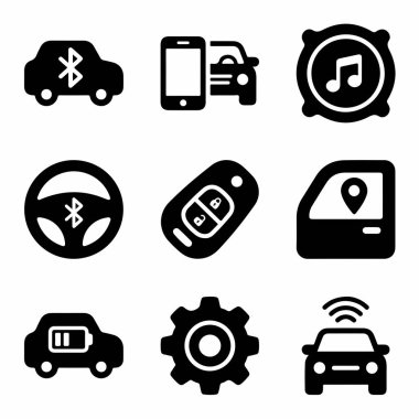 Bluetooth bağlantısı, GPS navigasyonu, elektrikli araç aküsü ve uzaktan kumandalı anahtarsız giriş gibi modern araba özelliklerini temsil eden dokuz katı siyah glyph simgesi koleksiyonu..