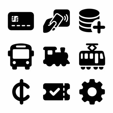 Dokuz katı kabartma simge seti. Kredi kartları ve para birimi gibi finans sembolleri, otobüs, tren ve tramvay gibi toplu taşıma araçları. Bilet ve ayar simgelerini de içerir.