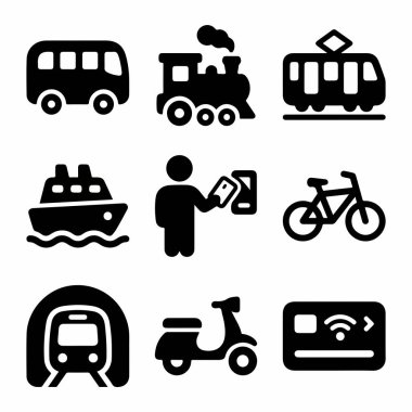 Ulaşım temaları için basit vektör simgesi ayarlandı. Otobüs ve tren gibi toplu taşıma araçları, kişisel taşınabilirlik seçenekleri ve modern ulaşılamaz ödeme sistemleri içerir.