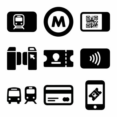 Şehir toplu taşımacılığını temsil eden siyah simgelerden oluşan bir koleksiyon. Buna metro otobüsü ve QR kodları ve iletişim kartları gibi modern ödeme seçenekleriyle dolu bir tren de dahil..