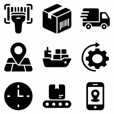 Barkod tarayıcı, paket, teslimat kamyonu, harita konumu, kargo gemisi, işlem teçhizatı, saat, taşıma bandı ve mobil takip de dahil olmak üzere lojistiğin çeşitli yönlerini temsil eden siyah simgelerden oluşan bir koleksiyon..