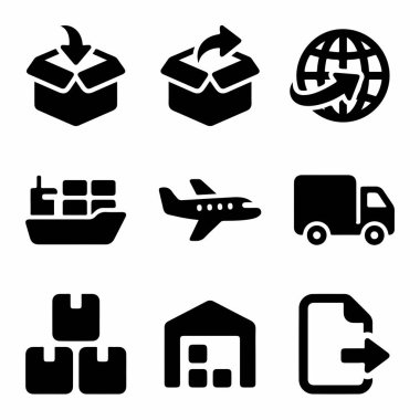 Bir kamyon, uçak, gemi, depo ve nakliye ve teslimat konseptleri de dahil olmak üzere lojistikle ilgili dokuz siyah simge koleksiyonu..