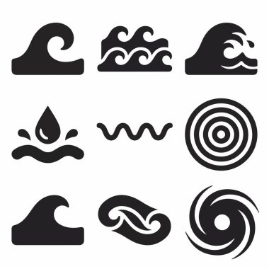 Okyanus dalgaları, deniz dalgaları, su damlaları, dalgalar ve kasırga simgesi de dahil olmak üzere çeşitli su formlarını temsil eden dokuz siyah siluet ikonundan oluşan bir koleksiyon..