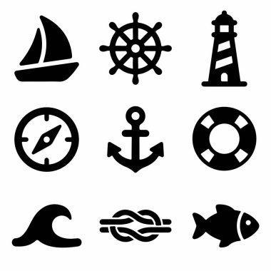 Denizle, yelkencilikle ve deniz temalarıyla ilgili dokuz basit siyah vektör simgesinden oluşan bir derleme. Bir tekne, miğfer, deniz feneri, pusula, çapa, can simidi, dalga, düğüm ve balık içerir..