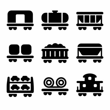 Bir yük vagonu, tanker, yolcu vagonu, zıpzıp, oto rafı ve nakliye konseptleri için vagon da dahil olmak üzere çeşitli tren vagonlarını temsil eden dokuz adet siyah siluet simgesi..