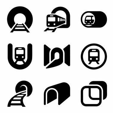 Trenleri, tren raylarını ve tünelleri temsil eden dokuz basit siyah siluet ikonundan oluşan bir koleksiyon. Bu çok yönlü grafik seti metro, metro ve yeraltı nakliye temaları için idealdir..
