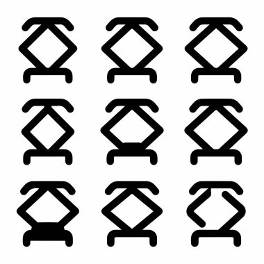 Bir araba makası krikosunu çeşitli uzantılarda tasvir eden dokuz minimalist çizgi sanat simgesi koleksiyonu. Otomotiv hizmeti için basit siyah beyaz grafik sembolleri.