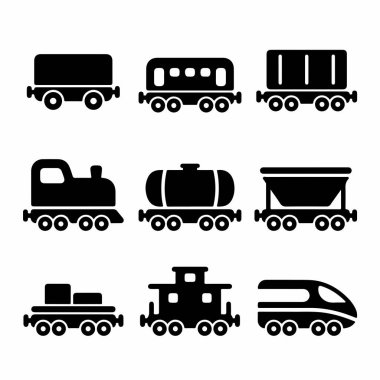 Lokomotif, yolcu vagonu, yük vagonu, tanker ve modern yüksek hızlı tren dahil olmak üzere çeşitli tren ve vagonları temsil eden dokuz basit simge koleksiyonu..