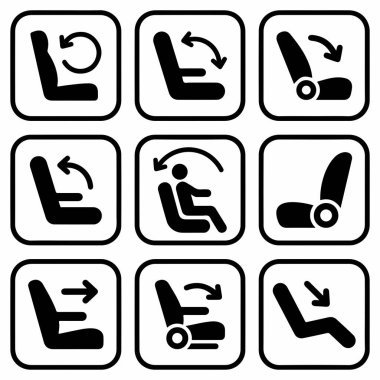 Kullanıcı arayüzü tasarımı için yaslanma, yükseklik, ileri, geri ve eğim fonksiyonları dahil olmak üzere çeşitli araç koltuğu ayarlarını gösteren dokuz siyah ve beyaz simge koleksiyonu.