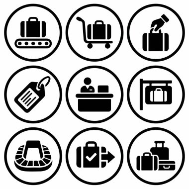 Havaalanı seyahat temalarını temsil eden dokuz dairesel vektör ikonundan oluşan bir koleksiyon bagaj talebi, kontrol masası, bagaj atlıkarınca, taşıma bandı ve seyahat etiketleri.