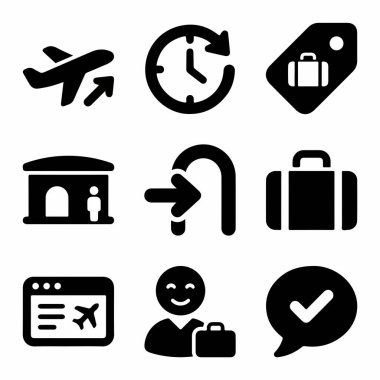 Uçak, bagaj, havaalanı terminali, rezervasyon doğrulama ve yolcu sembolleri de dahil olmak üzere hava taşımacılığıyla ilgili dokuz siyah katı simge koleksiyonu.