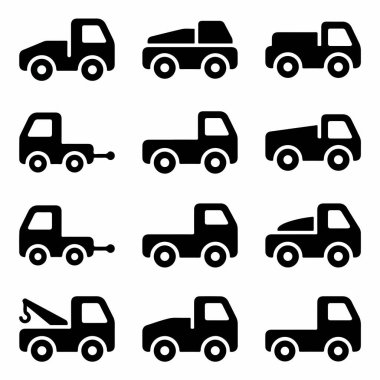 Çeşitli kamyonları temsil eden on iki basit siyah vektör simgesi. Ulaşım ve lojistik temalar için pikap, kamyon, çekici ve araç siluetlerini içerir.