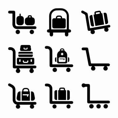 Çeşitli havaalanı yük arabaları ve bagaj arabalarını tasvir eden dokuz basit simge koleksiyonu, bazıları boş, diğerleri de beyaz bir arka planda izole edilmiş bavul ve çantalarla dolu..