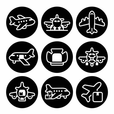 Uçakları, hava taşımacılığını ve kargo taşımacılığını gösteren siyah daireler üzerinde dokuz beyaz simge koleksiyonu. Web ve mobil uygulamalar için basit satır sanatı biçimi.