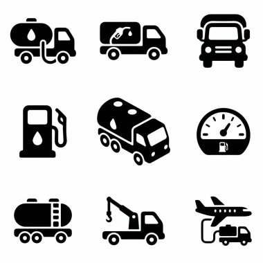 Yakıt ve ulaşım endüstrisini temsil eden dokuz siyah beyaz vektör ikonundan oluşan bir koleksiyon. Tanker kamyonları, benzin istasyonu pompası, yakıt göstergesi ve yakıt ikmali yapan bir uçak da dahil..