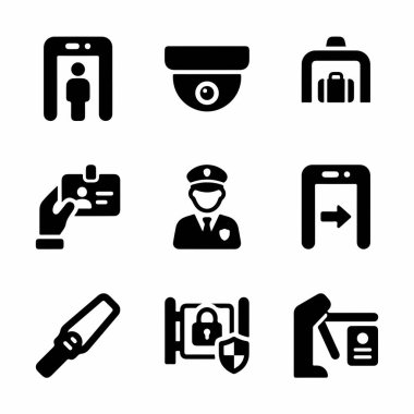 Metal detektörler, güvenlik kameraları, kimlik doğrulama, güvenlik görevlileri ve elektronik erişim kapıları gibi güvenlik önlemlerini temsil eden siyah simgelerden oluşan bir derleme..