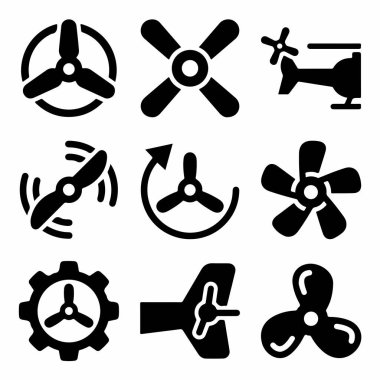 Çeşitli pervaneler, pervaneler ve pervaneler içeren dokuz siyah beyaz simge koleksiyonu. Uçaklar, helikopterler, botlar ve mekanik vitesler için tasarımlar içerir.