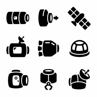 Uydular, kapsüller ve modüller de dahil olmak üzere uzay teknolojisinin elementlerini temsil eden dokuz basit siyah ve beyaz vektör simgesinden oluşan bir koleksiyon..