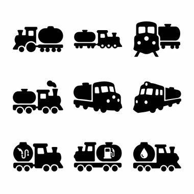 Çeşitli tanker trenleri ve lokomotifleri tasvir eden dokuz siyah siluet ikonundan oluşan bir koleksiyon. Bu basit vektör grafikleri ulaşım ve endüstriyel temalar için idealdir.