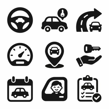 Sürüş, araba kiralama, konum hizmetleri, bakım kontrolleri ve beyaz bir arkaplanda izole edilmiş sürücü profilleri gibi çeşitli otomotiv temalarını temsil eden koyu siyah simge simgelerinin bir derlemesi.