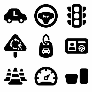 Sürüş dersleri ve trafik yönetmelikleriyle ilgili dokuz siyah simge koleksiyonu. Bu sette bir öğrenci arabası, direksiyon, trafik lambası, yol tabelası, araba anahtarı, ehliyet, trafik konileri, hız göstergesi ve pedallar yer alıyor.