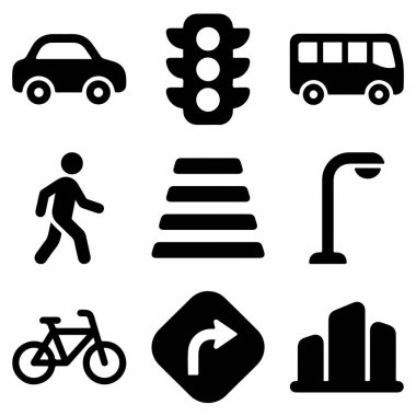 Trafiği, otobüsü, yayayı, trafik ışığını, yaya geçidini, sokak lambasını, bisikleti, dönüş işaretini ve binaları temsil eden dokuz basit simgeden oluşan bir koleksiyon..