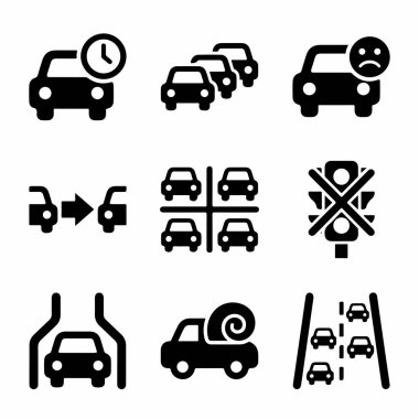 Trafiği ve sürüş durumlarını temsil eden siyah siluet simgelerinden oluşan bir derleme, trafik sıkışıklığı, yavaş hareket, park, araba sorunları ve otoyol seyahati gibi.