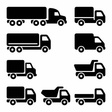 Yarı römork, çöp kamyonu, teslimat minibüsü ve kamyon da dahil olmak üzere dokuz farklı kamyon silueti. Ulaşım ve lojistik tasarım için basit siyah vektör simgeleri.