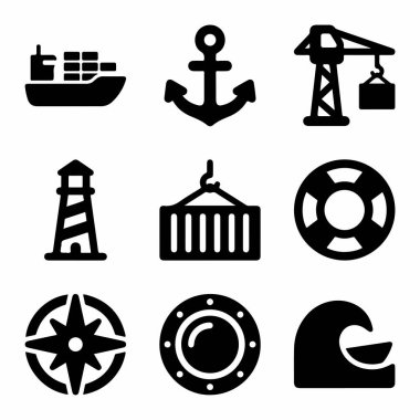 Bir konteyner gemisi, çapa, vinç, deniz feneri ve pusula da dahil olmak üzere denizcilik, nakliye ve deniz yolculuğu temalarını temsil eden dokuz siyah simge koleksiyonu.