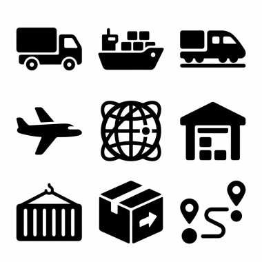 Kamyon, gemi, uçak, depo, konteynır ve mobil uygulamalar için paket takibi de dahil olmak üzere nakliye ve teslimatı temsil eden dokuz basit siyah simge koleksiyonu.