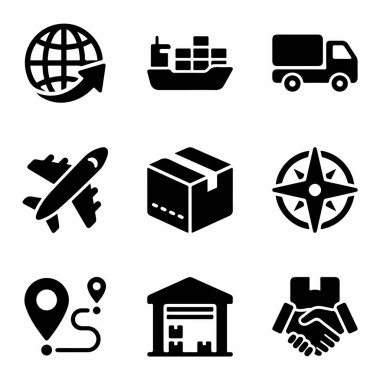 Dünya genelinde lojistiğin çeşitli yönlerini, deniz, kara ve hava taşımacılığını, ambalaj, navigasyon ve teslimat dahil olmak üzere dokuz katı siyah kabartma simgesinden oluşan bir koleksiyon..