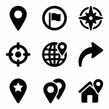 Haritalar, GPS ve konum hizmetleriyle ilgili dokuz basit siyah simge koleksiyonu. Ağ ve mobil arayüzler için pusula, küre ve ev sembolleri içerir.