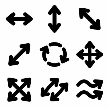 Beyaz arkaplanda dokuz tane koyu siyah ok sembolü var. Hareket, yeniden boyutlandırma, döndürme ve takas için simgeleri içerir, ağ ve uygulama arayüzleri için mükemmeldir.