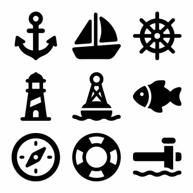 Bir çapa, yelkenli, gemi tekerleği, deniz feneri, şamandıra, balık, pusula ve can simidi de dahil olmak üzere deniz ve deniz teması ile ilgili dokuz basit siyah beyaz simge koleksiyonu..