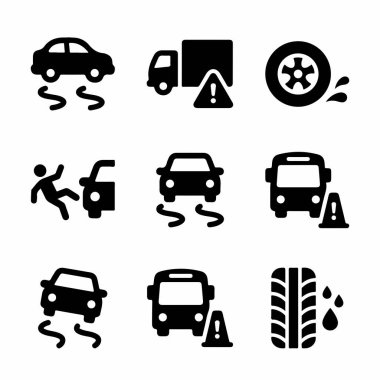 Kayan arabalar, patlak lastikler, arızalar ve yaya kazaları gibi çeşitli trafik kazalarını temsil eden siyah simgelerden oluşan bir koleksiyon..