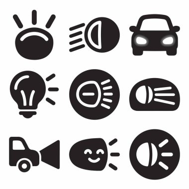 Yüksek ışın, alçak ışın, sis lambaları ve araç gösterge panelleri veya kullanıcı arayüzleri için genel aydınlatma sembolleri de dahil olmak üzere çeşitli araba ışıklarını temsil eden dokuz siyah beyaz simge koleksiyonu.