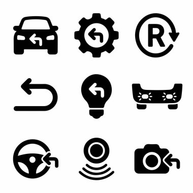 Geri vites, yedek kamera, park sensörleri ve araç gösterge panelleri ve kullanıcı arayüzleri gibi otomotiv işlevlerini temsil eden simgelerin toplanması.