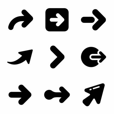 Simge setinde dokuz eşsiz siyah ok sembolü var. Koleksiyon sonraki, ileri ya da devam düğmeleri için farklı stiller sergiler, beyaz bir arkaplanda izole edilmiş.