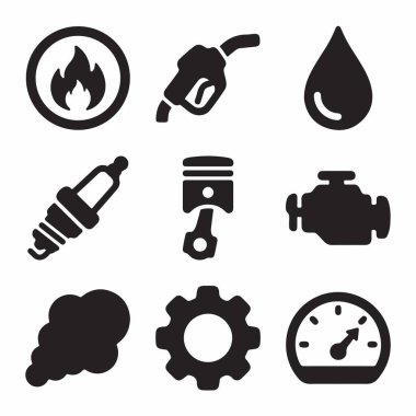Otomotiv ve yakıt endüstrisini temsil eden dokuz siyah simge koleksiyonu. Motor, piston, buji, yağ, benzin pompası ve hız göstergesi sembolleri içerir.