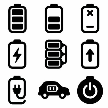 Pil yükleme seviyelerini, şarj statüsünü, elektrikli araçları ve beyaz arkaplanda izole edilmiş güç düğmelerini temsil eden dokuz basit vektör simgesi koleksiyonu.
