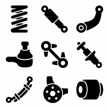 Beyaz arka planda, şok emiciler, yaylar, top eklemleri ve kontrol kolları gibi çeşitli otomotiv süspansiyon parçalarını temsil eden dokuz siyah simge koleksiyonu..