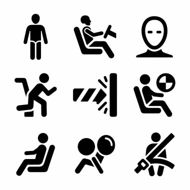 Çarpışma testi mankenleri, hava yastıkları, emniyet kemerleri, sürücüler ve araç güvenliği konseptleri için çarpışma senaryoları gibi otomotiv güvenliği unsurlarını temsil eden siyah simgelerinden oluşan bir derleme..