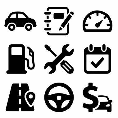 Araç, kayıt defteri, hız göstergesi, benzin pompası, araçlar, takvim, GPS, direksiyon ve araç maliyeti de dahil olmak üzere bir takım otomotiv simgeleri.