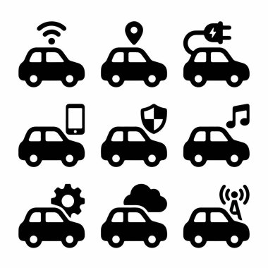 GPS navigasyon, elektrik yükleme, bağlantı, güvenlik ve eğlence gibi çeşitli akıllı araba fonksiyonlarını gösteren siyah siluet simgelerinin bir koleksiyonu.