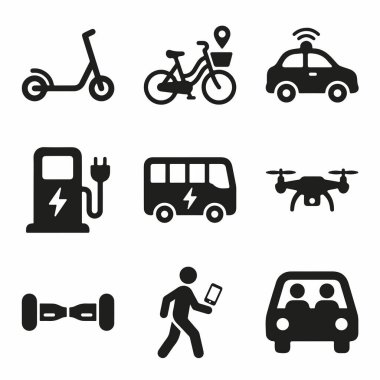 Mobiletler, bisikletler, arabalar, otobüsler, dronlar, yolculuk paylaşımı ve EV şarj istasyonları gibi modern ulaşım çözümlerini temsil eden bir simge koleksiyonu.