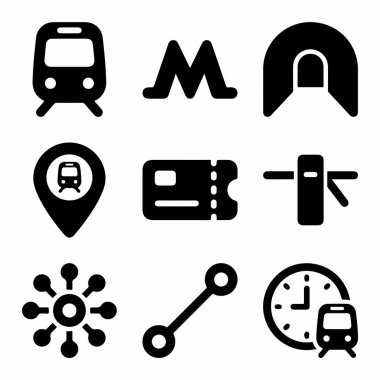Bir tren, tünel, bilet, istasyon bulucusu, turnike, ağ, rota ve program gibi toplu taşıma elemanlarını temsil eden dokuz basit simge koleksiyonu.