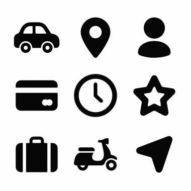 Bir araba, harita pin, kullanıcı, kredi kartı, saat, yıldız, bavul, scooter ve UI tasarımı imleci de dahil olmak üzere beyaz zemin üzerinde dokuz temel siyah simge koleksiyonu.